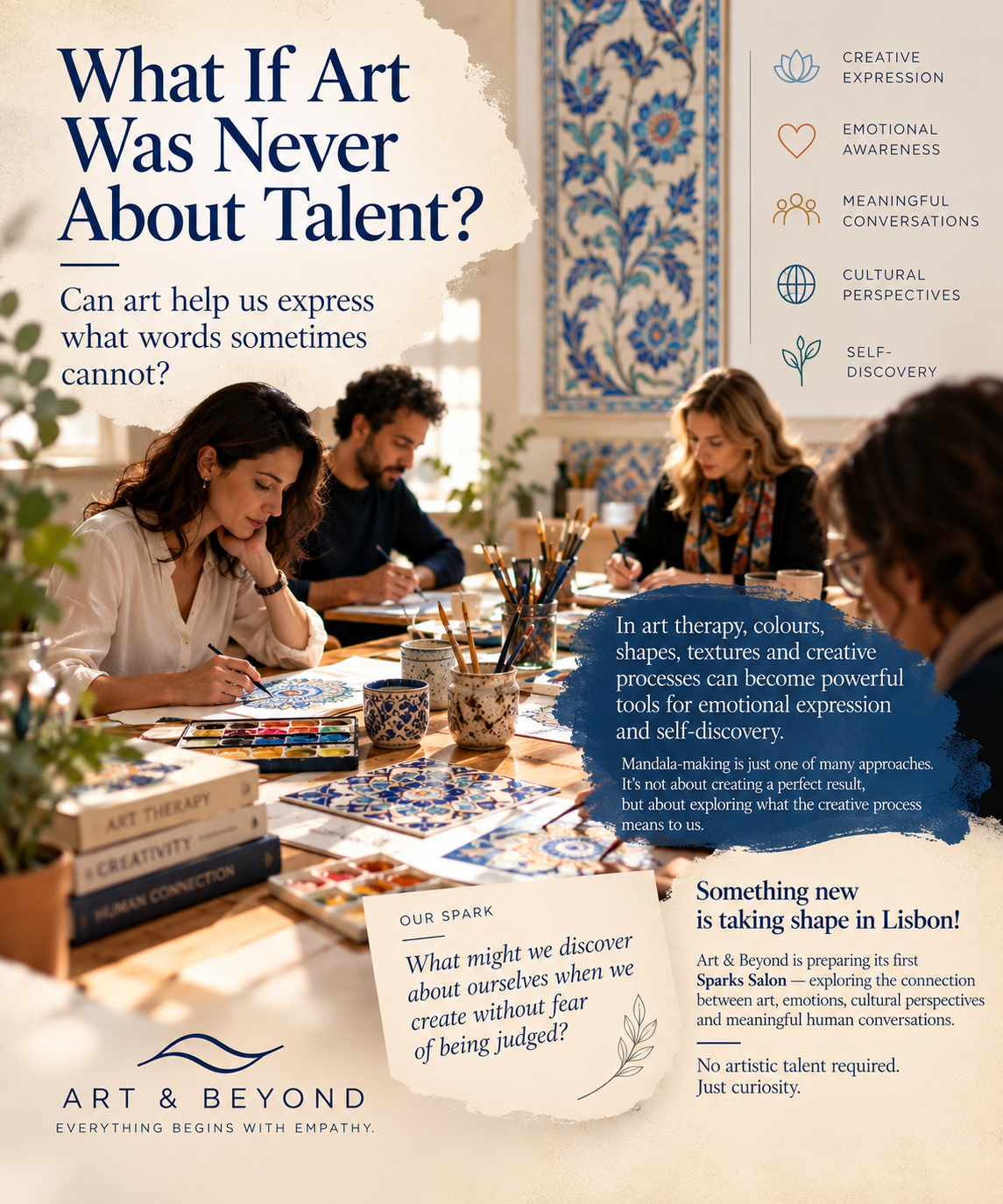 Beyond the Patterns — the first Art & Beyond Sparks Salon poster: people painting blue mandalas together around a wooden table