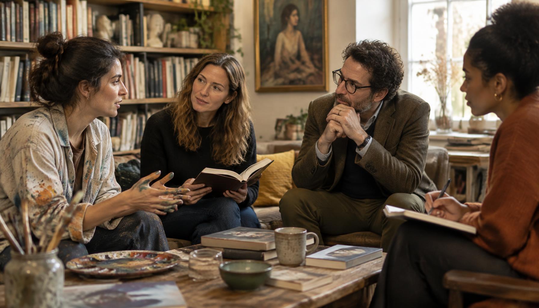 Moderators — a painter, a writer, a philosopher and a trainer in conversation around a salon table