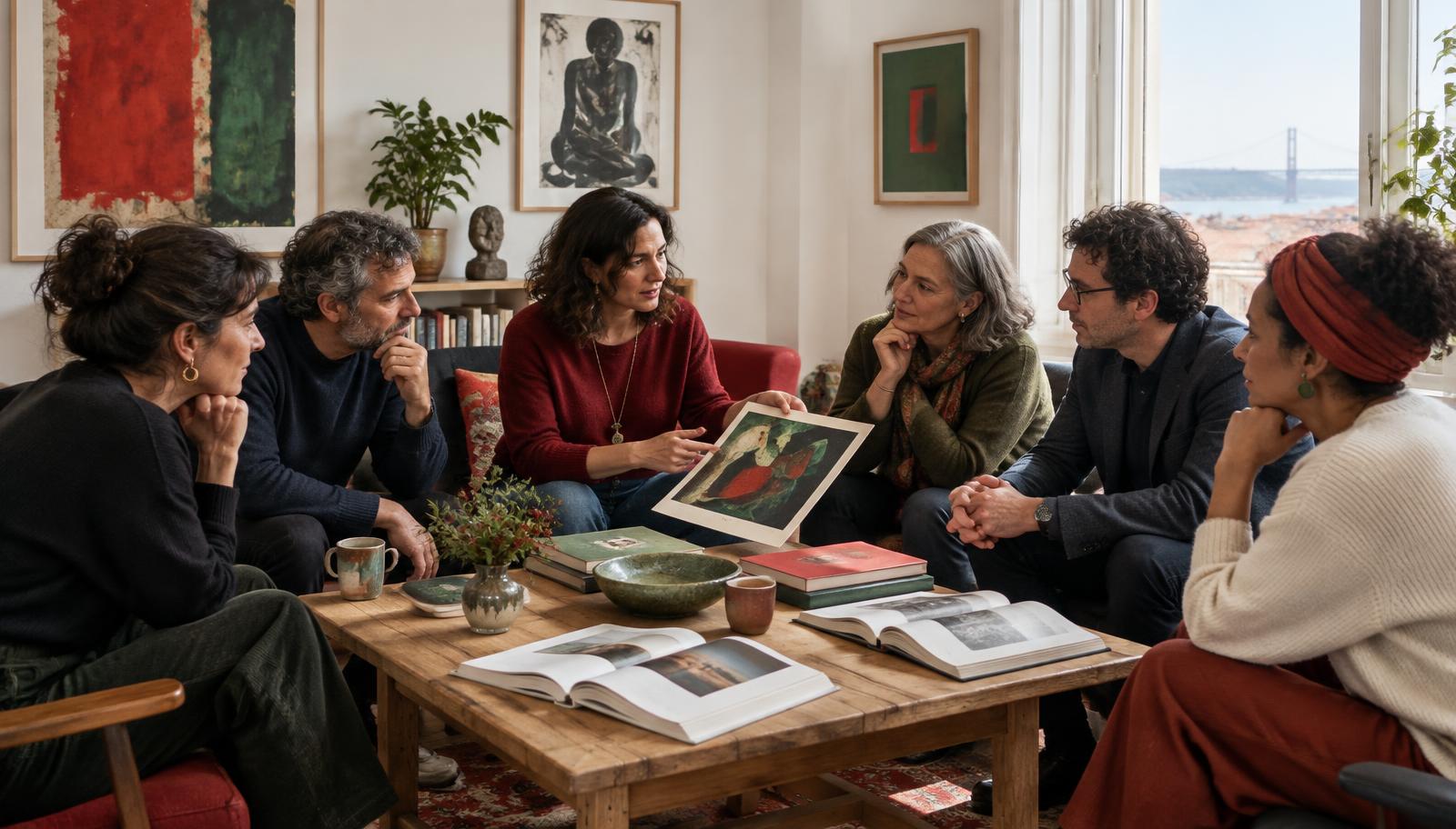 A small group sharing ideas around art and books in a bright salon