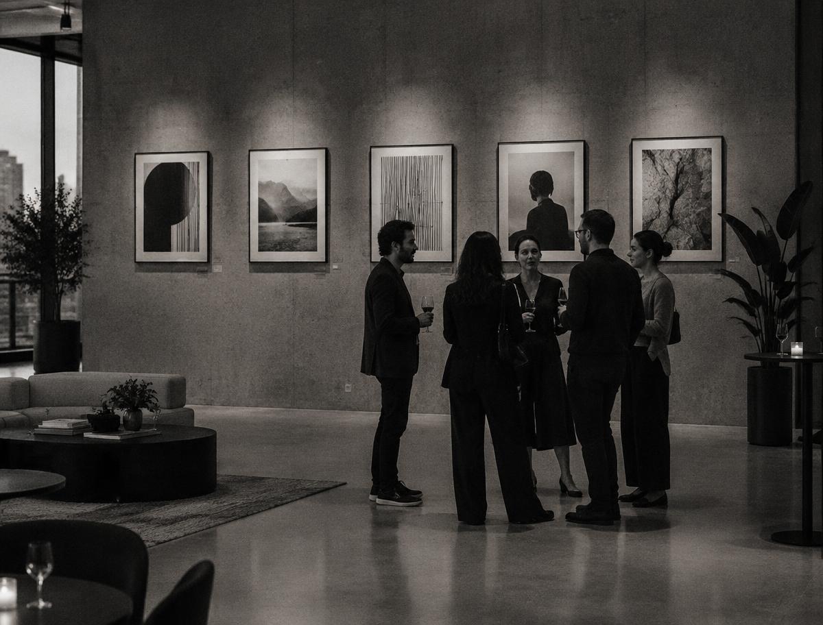 An office lobby with five framed artworks on the wall, arranged as a salon