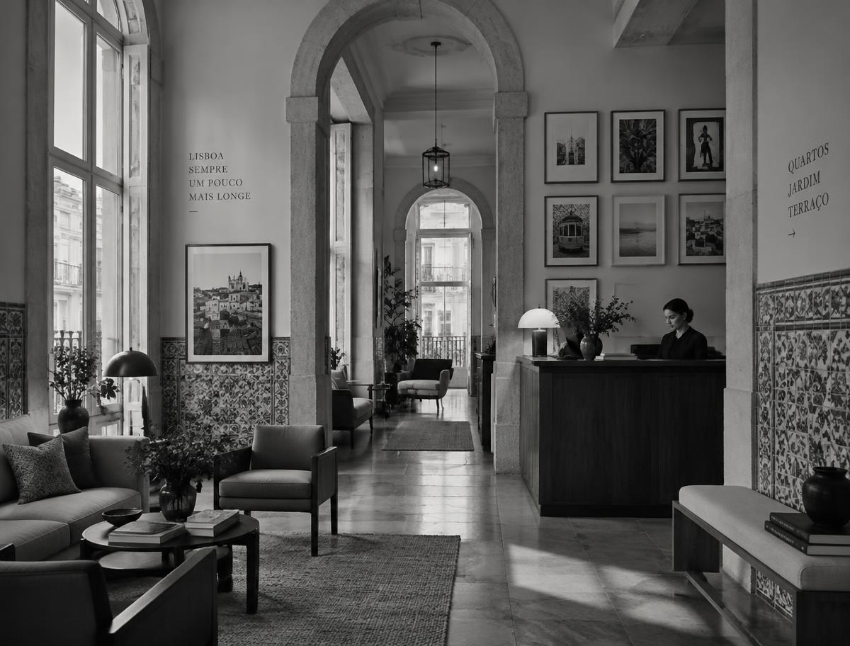 A boutique hotel lobby in Lisbon with framed artworks above the reception desk and along the corridors