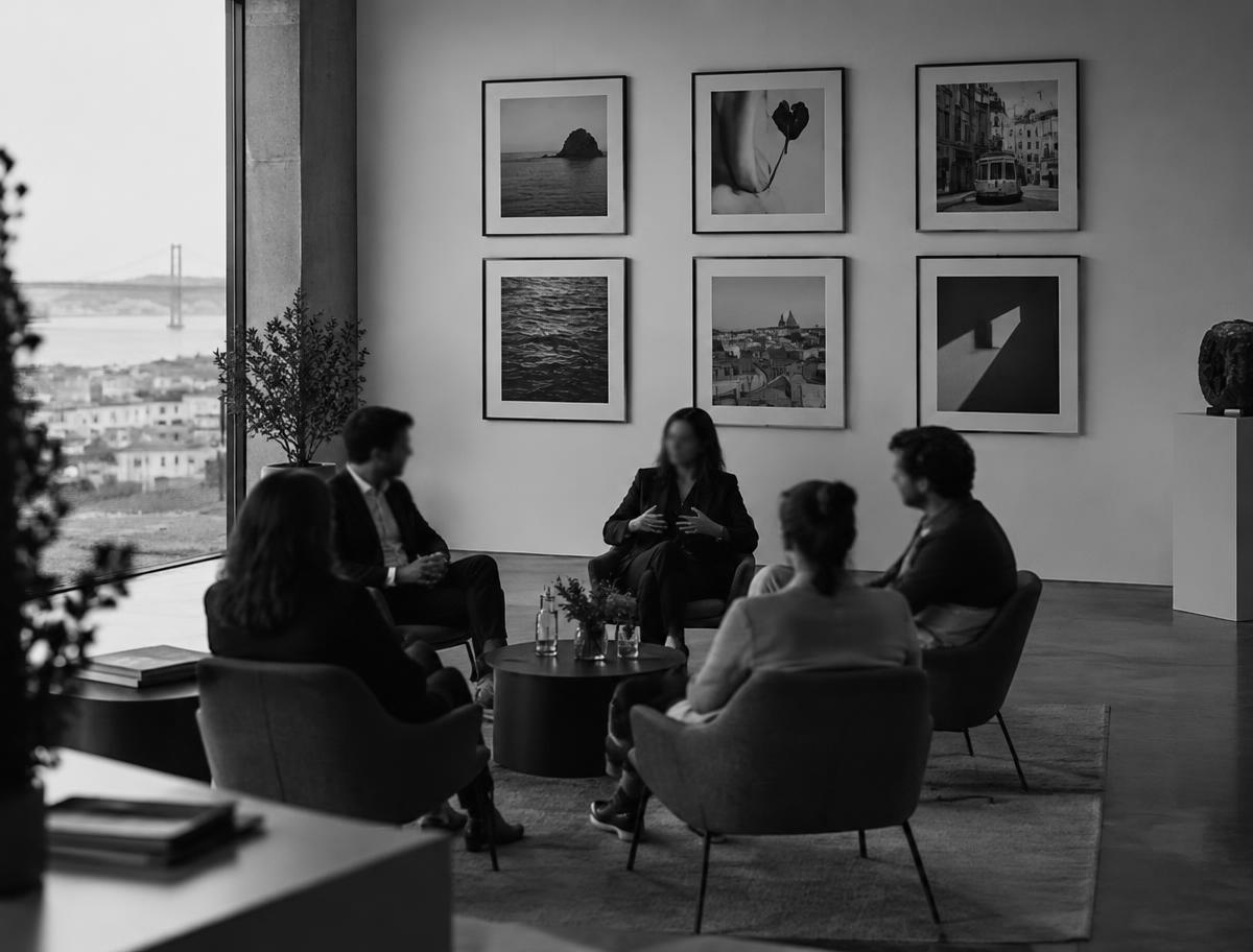 A startup brand launch showroom in Lisbon with six framed artworks and a salon-style conversation between moderators and brand managers