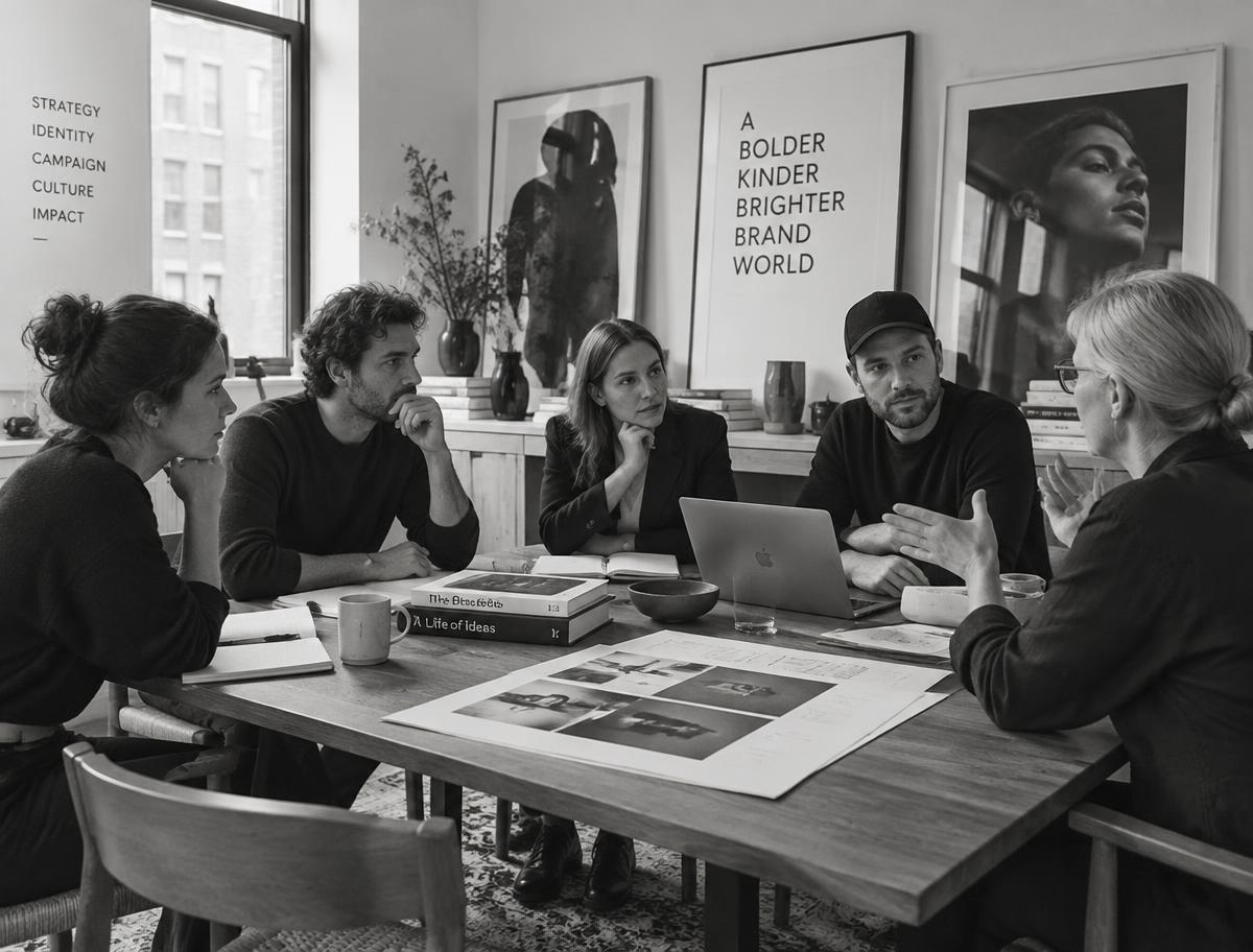 An external moderator and a brand team in conversation around a salon table, artworks on the wall behind